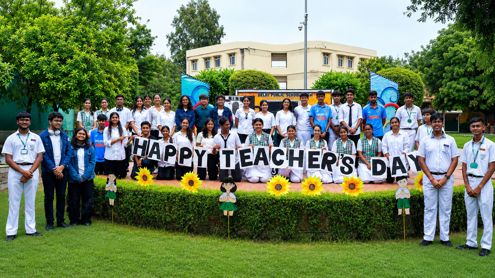 Delhi Public School Agra senior students celebrating Teacher's Day with handmade sunflower decorations and greeting banner